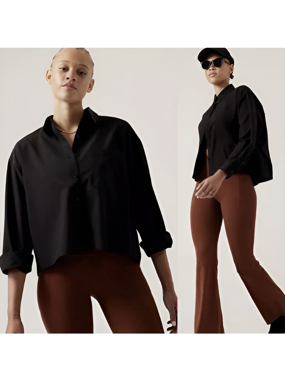 Athleta Cropped Stretch Tech Top Long Sleeve Button Down Shirt Black Size M